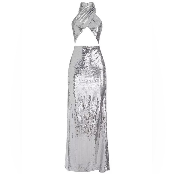 Alice + Olivia May Halter Neck Silver Sequin Maxi Gown - Picture 6 of 13